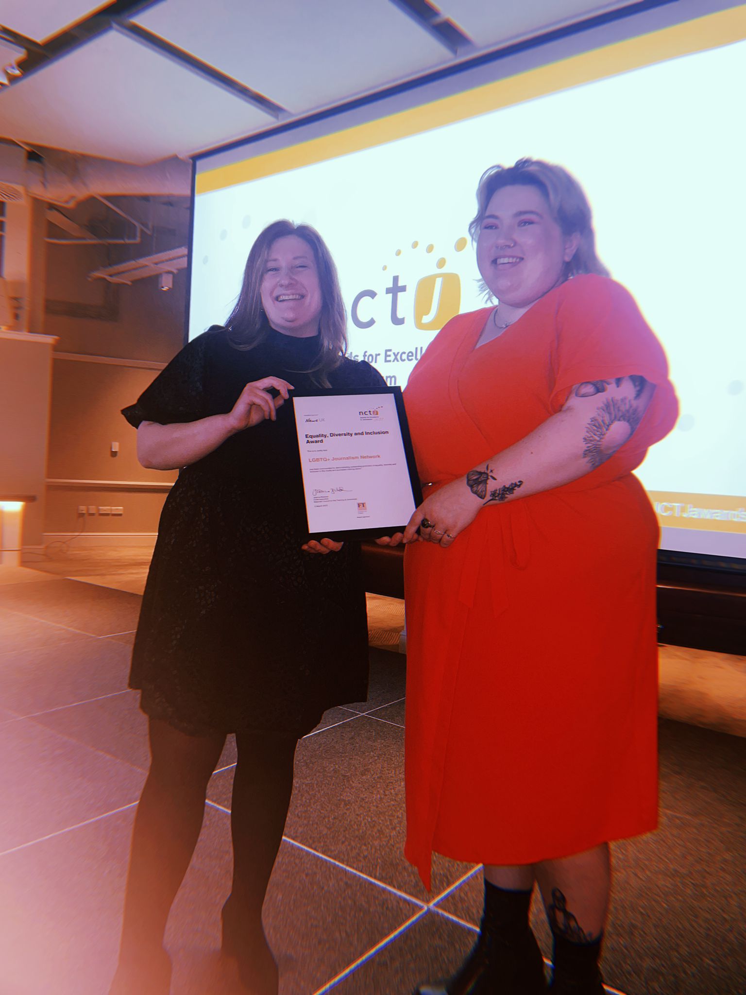 LGBTQ+ Journalism Network founder Sophie Perry and volunteer Isabelle Truscott at the NCTJ's 2022 Awards for Excellence